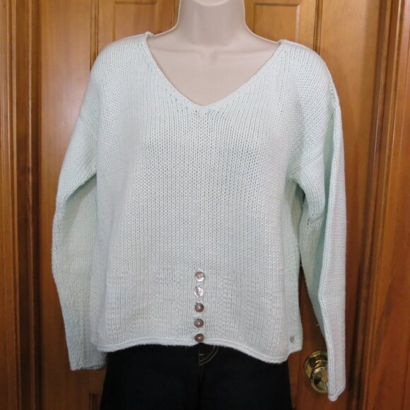 Pure Handknit Seafoam Green V-Neck Sweater 100% Cotton Button Details Medium - Picture 6 of 9